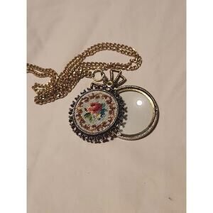 Vintage Tapestry Embroidered Pendant Necklace w Hidden Magnifying Glass
